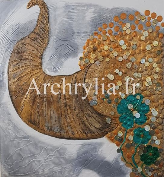 Peinture acrylique sur toile de coton de 80x80 cm, représentant une corne d'abondance mythique évoquant l'opulence, avec des éléments décoratifs ajoutés au couteau et à la colle vinylique.