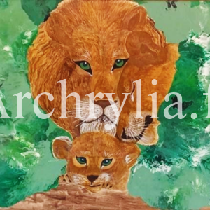 Africa King Peinture acrylique résinée représentant une famille de lions dans une nature verdoyante sur bois