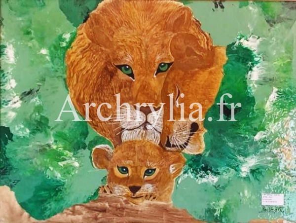 Peinture acrylique résinée représentant une famille de lions dans une nature verdoyante sur bois