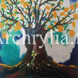 Arbre d’Abondance Peinture acrylique sur bois de 60x80 cm représentant un arbre stylisé avec des feuilles et fleurs jaunes, utilisant des techniques de reliefs.