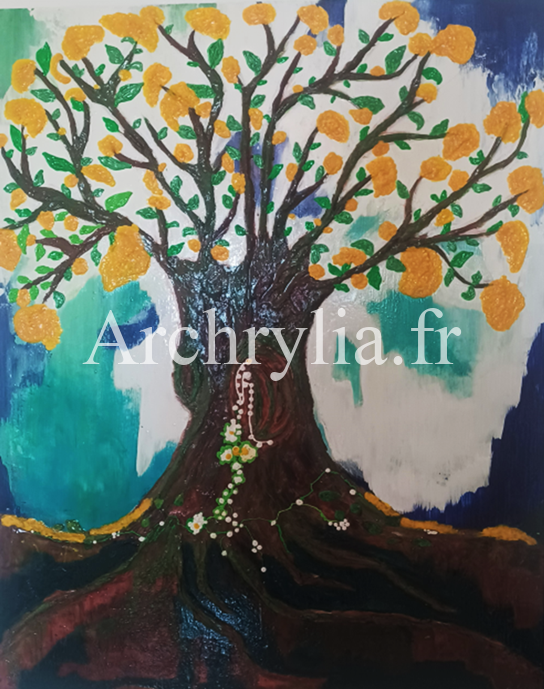 Peinture acrylique sur bois de 60x80 cm représentant un arbre stylisé avec des feuilles et fleurs jaunes, utilisant des techniques de reliefs.