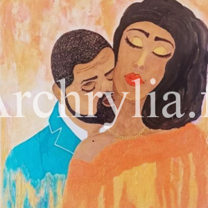 Peinture acrylique d'un baiser exprimant fragilité et douceur, réalisée sur bois 60x80 cm avec fond en sable fin