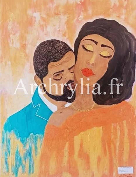 Peinture acrylique d'un baiser exprimant fragilité et douceur, réalisée sur bois 60x80 cm avec fond en sable fin