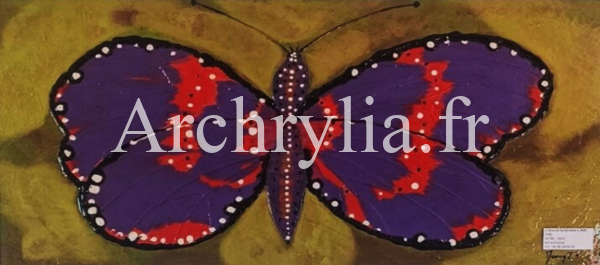 Peinture acrylique résinée représentant un papillon coloré, façonné avec du gel à relief sur bois