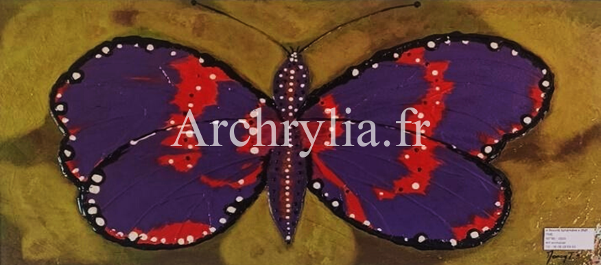 Peinture acrylique résinée représentant un papillon coloré, façonné avec du gel à relief sur bois