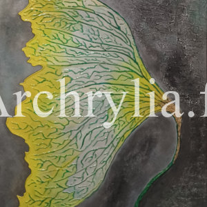 Peinture acrylique d'une fleur ornementale aux nervures marquées avec des touches de feuille d'or sur toile 73x60 cm