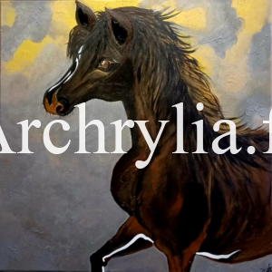 Cheval Peinture acrylique résinée représentant un cheval majestueux sur fond de ciel nuageux
