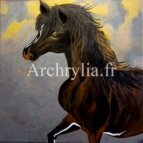 Peinture acrylique résinée représentant un cheval majestueux sur fond de ciel nuageux