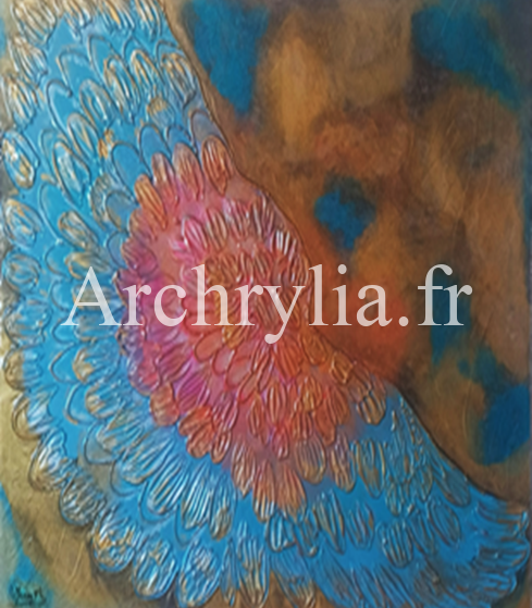 Peinture acrylique représentant une aile stylisée en bleu et rose sur fond abstrait, symbolisant le réconfort et le refuge