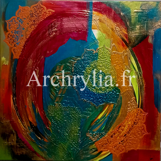 Peinture acrylique vernie représentant des nuances vives et des motifs orientaux sur toile