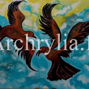 Danse Ailée Peinture acrylique résinée représentant deux oiseaux en plein vol avec des plumes détaillées sur fond de ciel