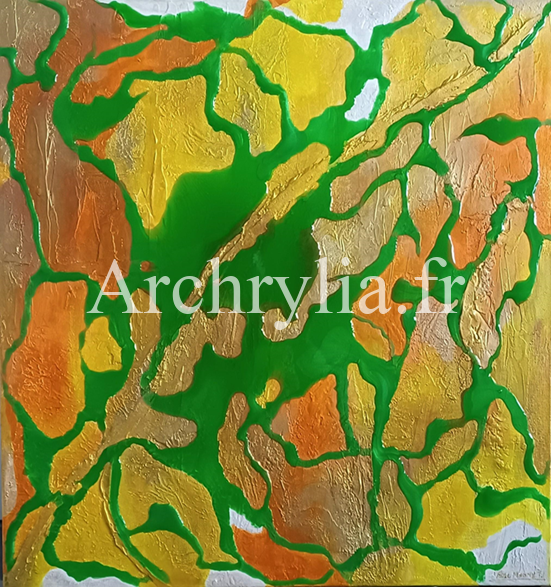 Peinture acrylique représentant un paysage abstrait aux couleurs automnales sublimé de résine pigmentée