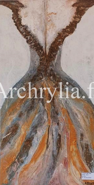 Peinture acrylique d'une robe abstraite avec des reliefs en gel et sable fin.