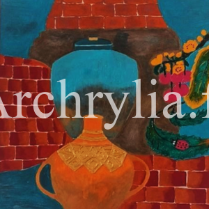 Duo d’argile Peinture acrylique résinée représentant des pots en terre cuite avec des gravures en pâte à structurer