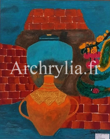Peinture acrylique résinée représentant des pots en terre cuite avec des gravures en pâte à structurer