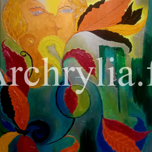 Effusion Peinture acrylique vernie représentant une explosion de couleurs vives avec des reliefs en gel et enduit de plâtre