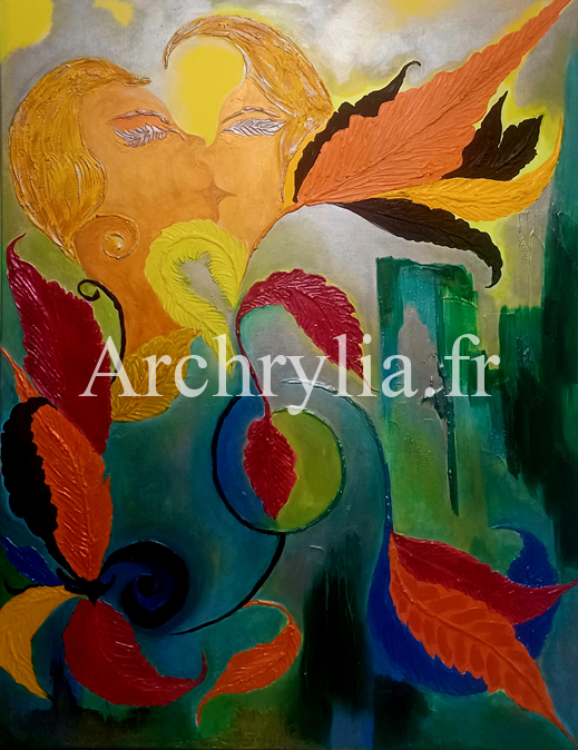 Peinture acrylique vernie représentant une explosion de couleurs vives avec des reliefs en gel et enduit de plâtre