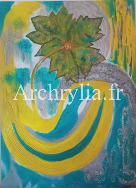 Peinture acrylique sur bois représentant des formes abstraites avec des couleurs vives et textures variées