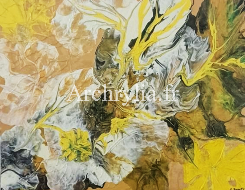 Peinture acrylique résinée représentant une explosion de couleurs florales, réalisée sur carton 3mm 55x46 cm.