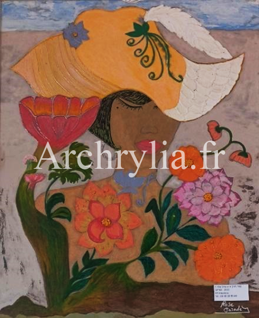 Peinture acrylique résinée représentant une fée des fleurs, réalisée sur bois, mesurant 50x80 cm.