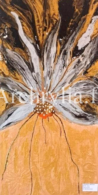 Peinture acrylique sur bois représentant une fleur de feu réalisée avec la technique du dripping