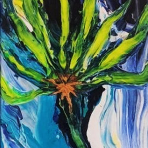 Fluorescence Peinture acrylique résinée sur bois représentant une fleur magnétique avec des couleurs vives vertes, bleues, et jaunes