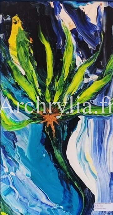 Peinture acrylique résinée sur bois représentant une fleur magnétique avec des couleurs vives vertes, bleues, et jaunes