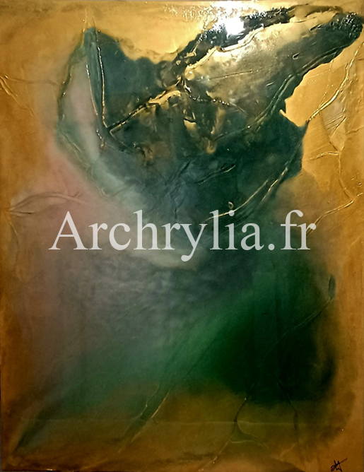 Peinture acrylique résinée avec des pigments verts, or et blancs nacrés sur une toile tendue