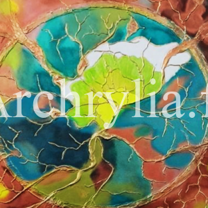 GAÏA Peinture acrylique résinée sur toile de coton représentant la terre nourricière, réalisée en 55x46 cm.