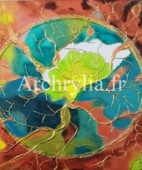 Peinture acrylique résinée sur toile de coton représentant la terre nourricière, réalisée en 55x46 cm.
