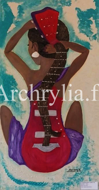 Peinture acrylique résinée sur bois 40x80 cm représentant une femme avec des reliefs façonnés au pinceau.