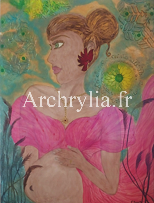 Peinture sur bois représentant une femme enceinte, symbolisant la fécondité, la sérénité, et l'apaisement.