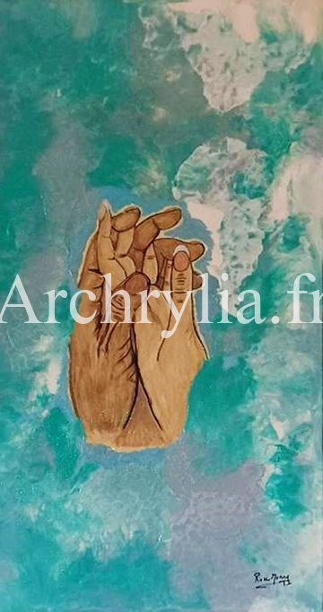 Peinture acrylique résinée représentant deux mains jointes sur un fond soufflé