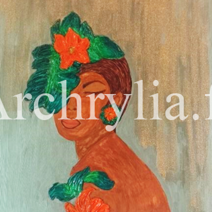 Peinture acrylique résinée représentant une femme élégamment apprêtée avec des accessoires en plâtre