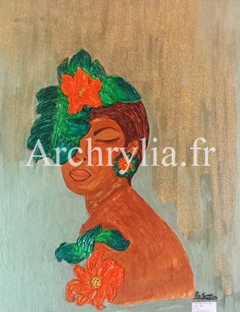 Peinture acrylique résinée représentant une femme élégamment apprêtée avec des accessoires en plâtre