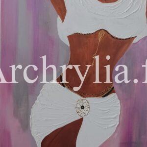 Peinture acrylique vernis d'un corps de femme drapé, réalisée sur toile.