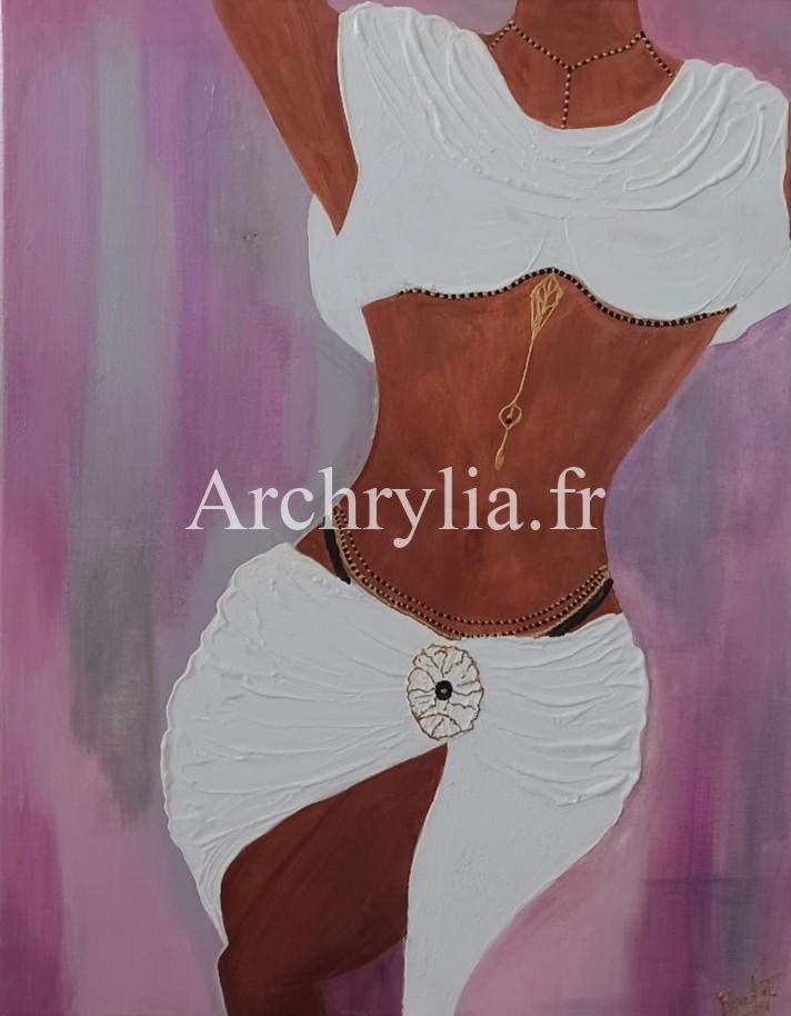 Peinture acrylique vernis d'un corps de femme drapé, réalisée sur toile.