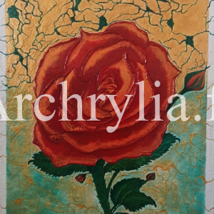 Peinture acrylique résinée représentant une rose rouge sur un fond texturé avec des effets de fissures