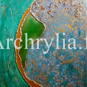 Lunescence Peinture acrylique résinée de style art déco avec des pigments verts et dorés sur une toile texturée