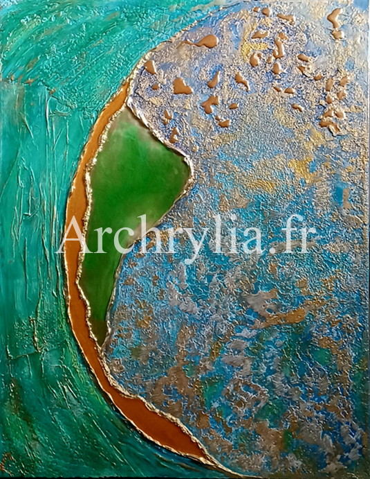 Peinture acrylique résinée de style art déco avec des pigments verts et dorés sur une toile texturée
