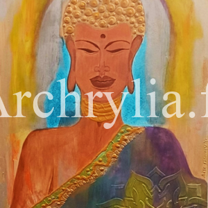 Méditation Peinture acrylique représentant une figure méditative avec des reliefs symbolisant l’éveil et la connaissance