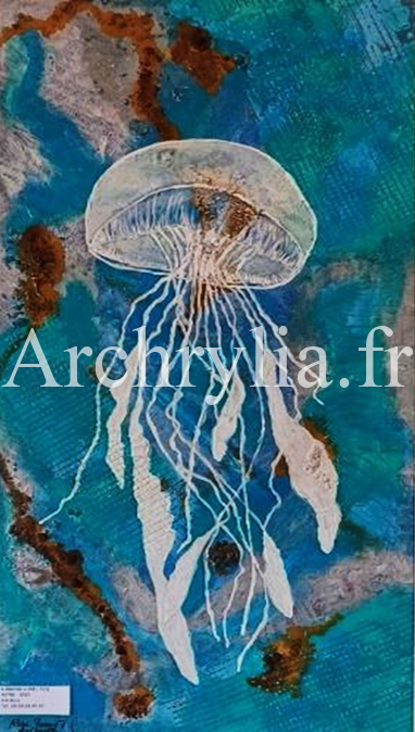 Peinture acrylique sur bois 40x80 cm représentant une méduse flottant dans un fond marin texturé.