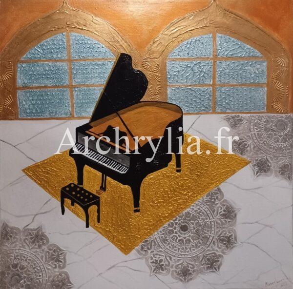 Peinture acrylique vernie représentant un piano à queue sur un fond texturé avec des reliefs en plâtre