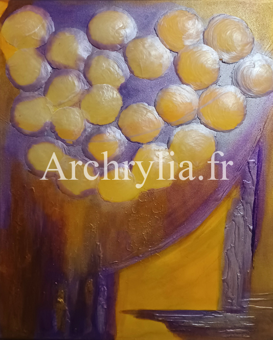 Peinture acrylique sur toile représentant des rondelles de nacre avec des couleurs irisées et des effets de résine