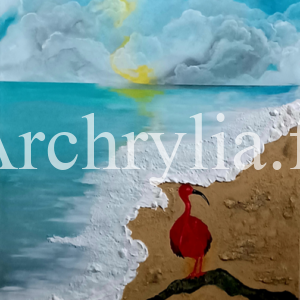 Nature Peinture acrylique résinée représentant un paysage côtier avec un ibis rouge et des écumes de mer en relief