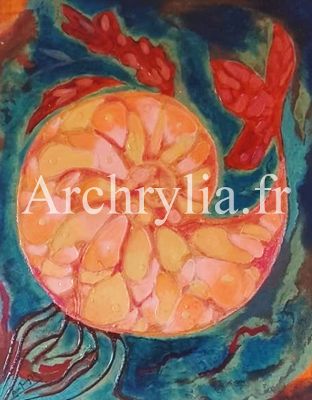 Peinture acrylique sur bois 50x60 cm illustrant un nautile coloré et stylisé, façonné au couteau.