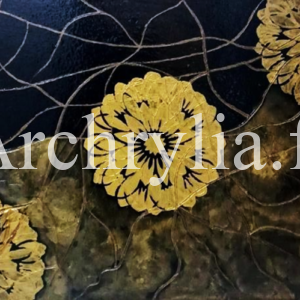 Nuances Peinture acrylique sur bois 60x80 cm représentant des mandalas dorés sur fond noir évoquant l'infini.