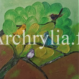Oasis Peinture acrylique résinée représentant des oiseaux colorés dans un arbre luxuriant, réalisée en relief sur toile