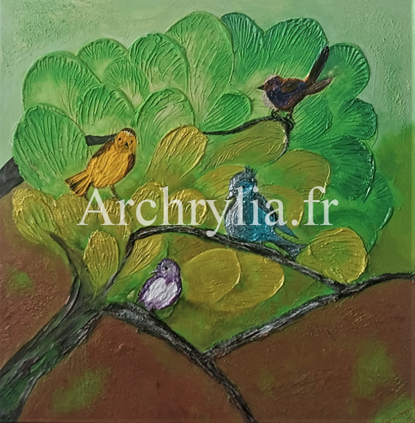 Peinture acrylique résinée représentant des oiseaux colorés dans un arbre luxuriant, réalisée en relief sur toile