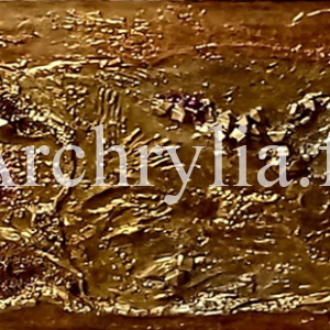 Peinture acrylique sur bois représentant une roche taillée avec des pépites d'or et des pierres minérales en relief
